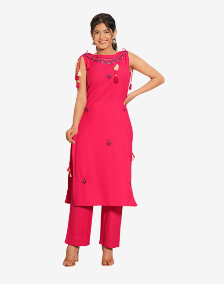 Orange 2 Pc Cord Set – Sleeveless Kurti with Pant by Aura Cottons