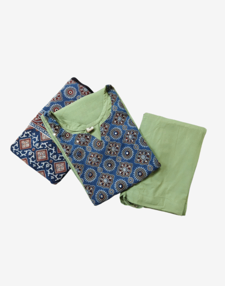 Ajrakh print 3-piece kurti set with dupatta and pastel bottom