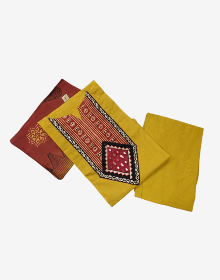 Yellow 3-piece kurti set with red ethnic embroidery and matching dupatta – Aura Cottons