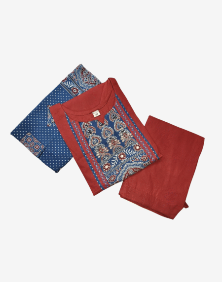 Rust and blue 3-piece kurti set with Ajrakh print and matching dupatta – Aura Cottons
