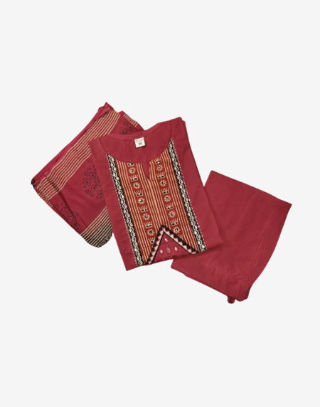 Rust red 3-piece kurti set with traditional block print and dupatta – Aura Cottons