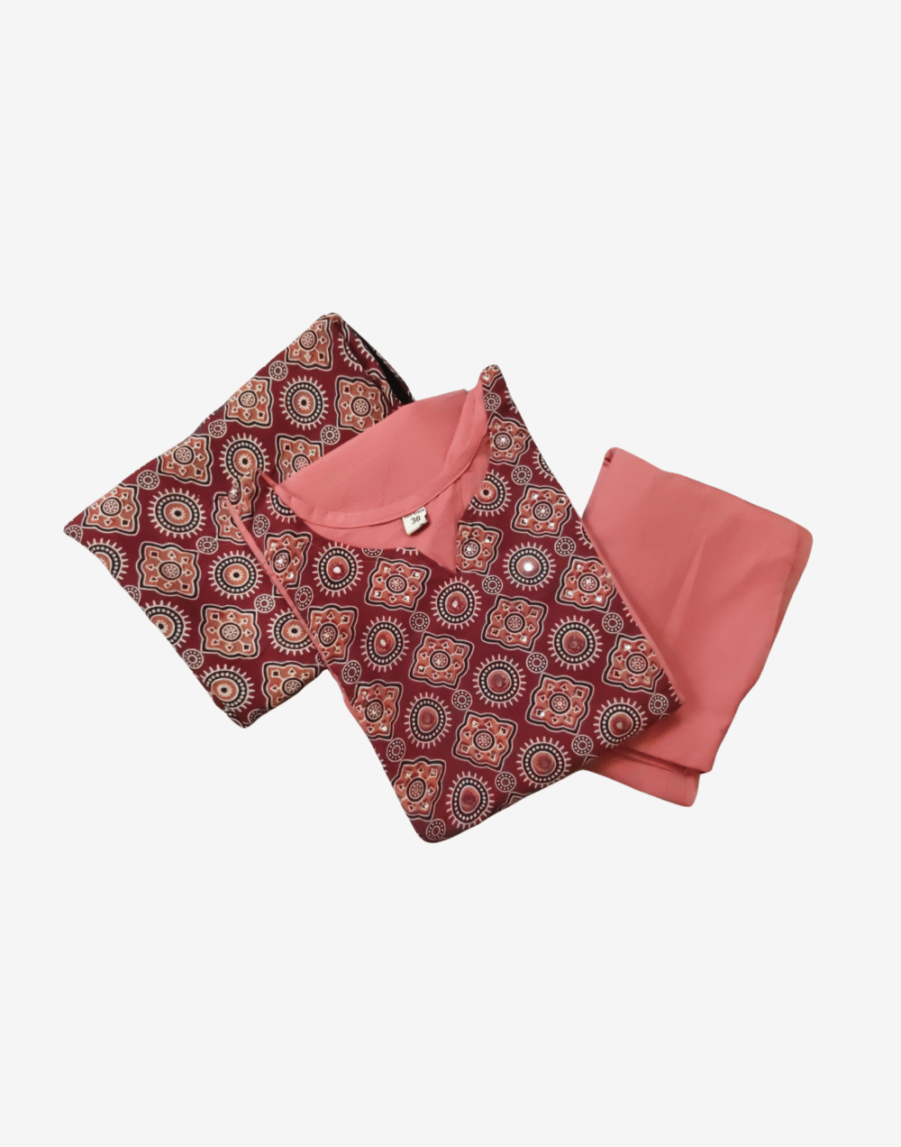 3-piece kurti set with rose-pink base and maroon traditional print – Aura Cottons