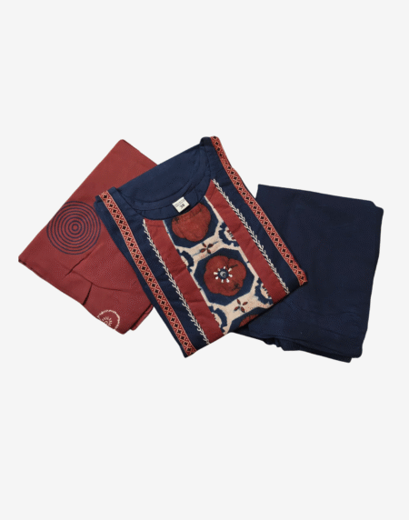 3-piece kurti set in indigo and red with floral block print and dupatta – Aura Cottons